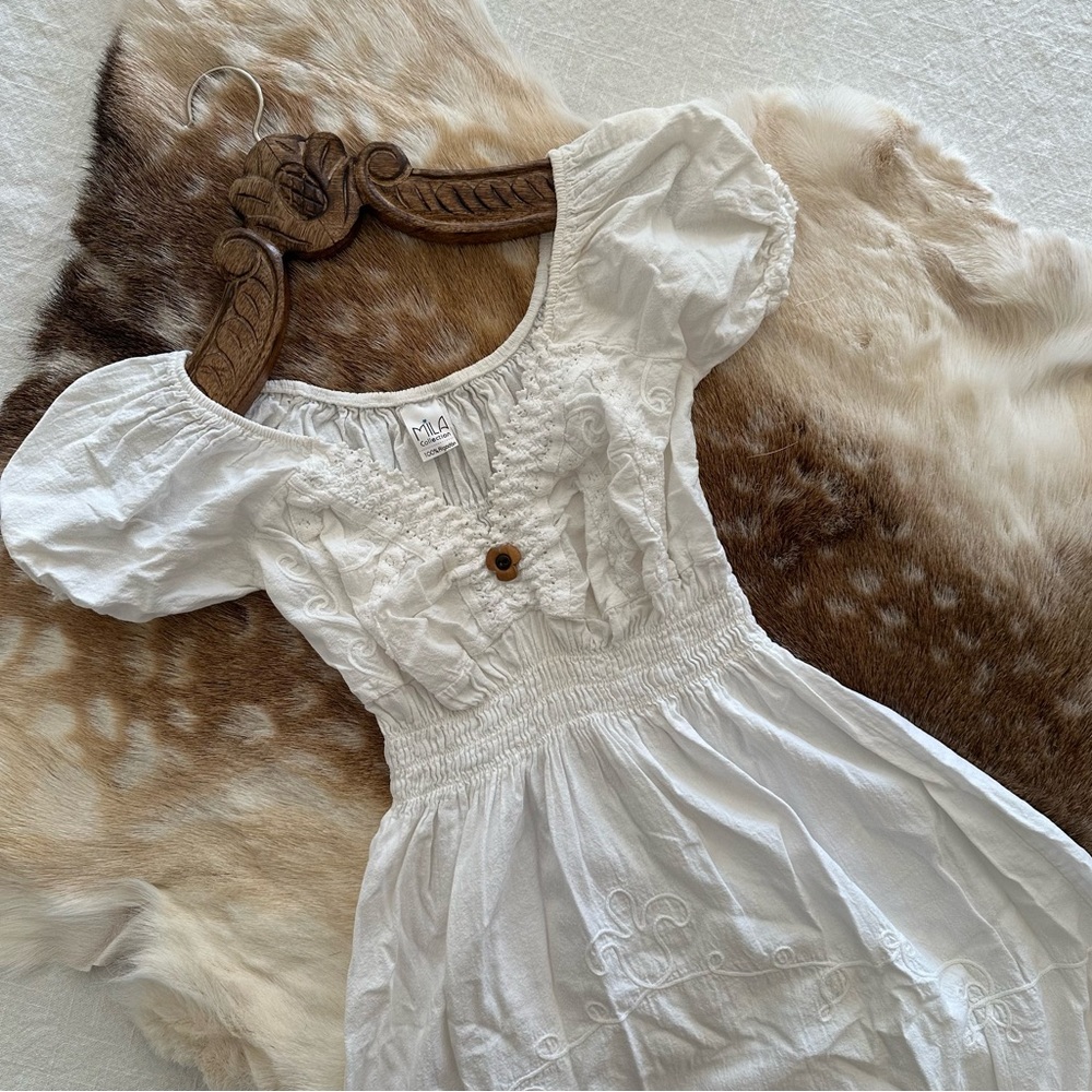 Embroidered & Ruched 100% Spanish Cotton White Midi Dress with Crochet Detailing